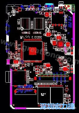 上圖是一個開發板的PCB，從布局中可以看出各個接口電路分離很明確，SDRAM和DDR以及SD卡接口電路等走線不會造成相互的干擾。-深圳宏力捷