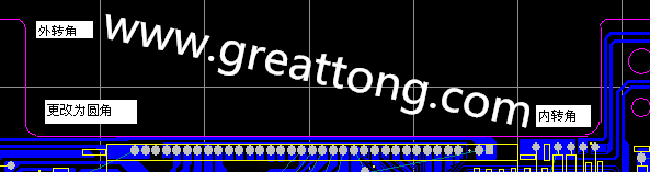 PCB設計時單面板的轉角都需為圓角,R1.0mm或R2.0mm為宜。