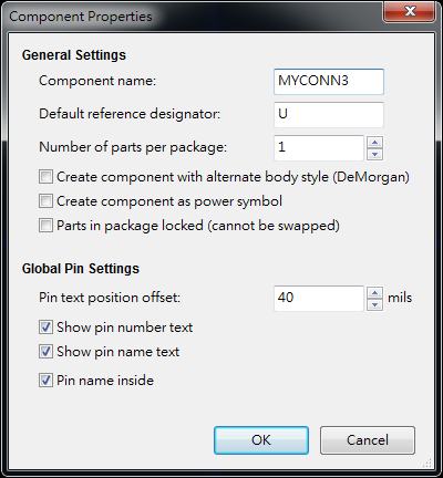 按下工具  "Create a new component"， 出現(xiàn)底下畫面， 按下OK后， 產(chǎn)生MYCONN3/U? 文字重迭在一在， 把它們分開(用mouse選擇并按下"M"， 即可移動(dòng))