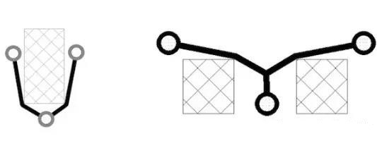 圖12：樹和(灰色顯示的)障礙物。(a)最小生成樹，(b)Steiner樹。